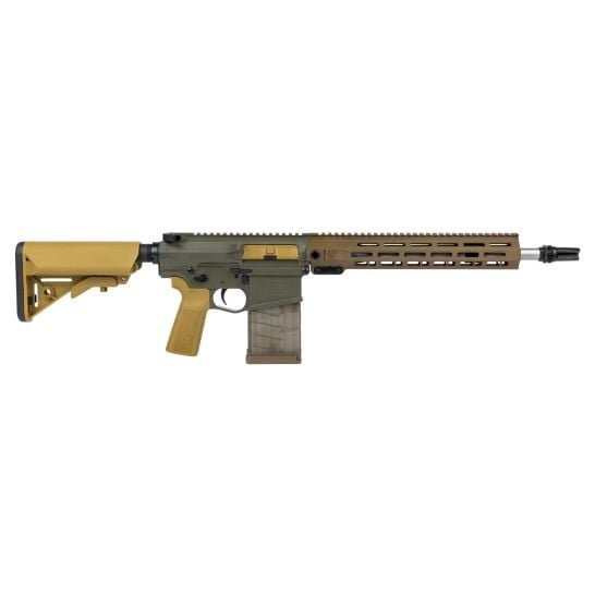 PSA Sabre-10A1 Billet 14.5" 6.5 Creedmoor Mid-Length Rifle with green and tan finish, featuring a modular design and adjustable stock.