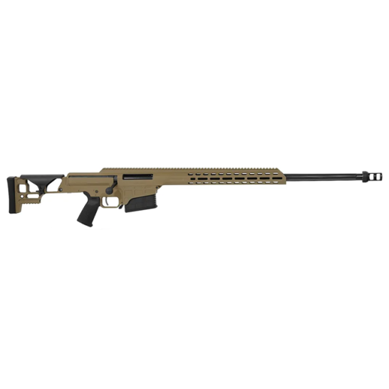 Barrett MRAD .338 Lapua bolt action rifle with a tan finish and long barrel
