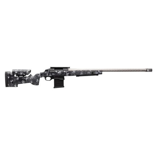 Side view of a Savage Axis 2 Pro Forest rifle with a camouflaged stock and a long barrel.