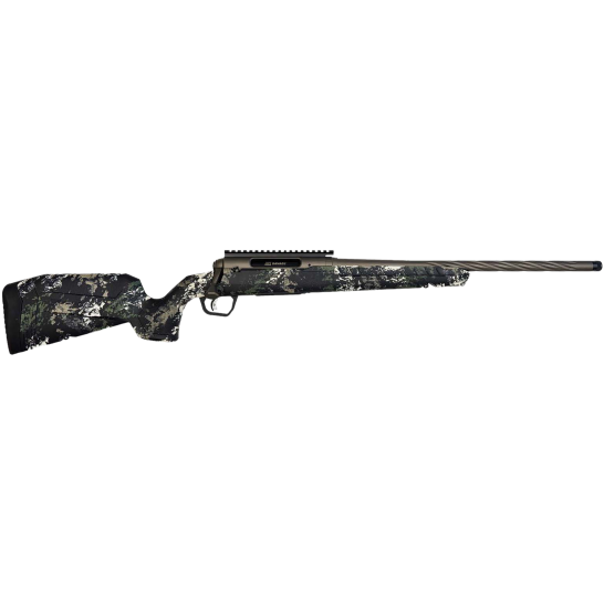 A Savage Axis 2 Pro Forest rifle featuring a camouflage design on the stock and a stainless steel barrel.