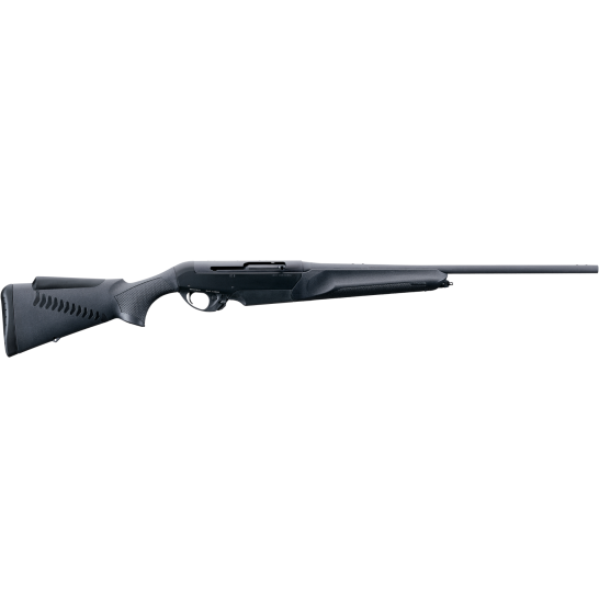 Side view of a black bolt-action rifle showcasing a textured stock and barrel.