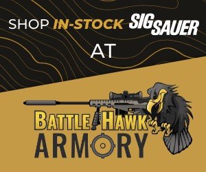 Promotional banner for Battle Hawk Armory featuring the text 'Shop In-Stock Sig Sauer' and a graphic of a gun with a raven logo.
