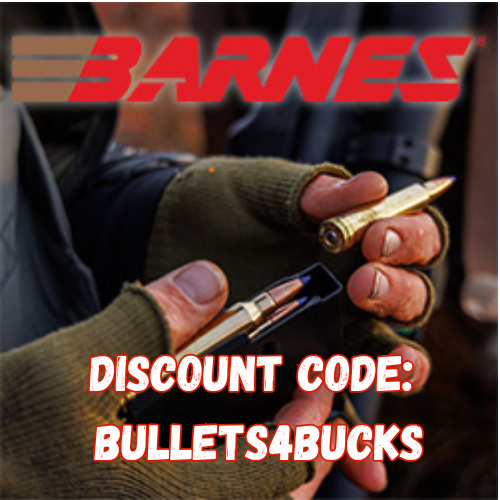 Hands wearing green gloves holding bullets with the text 'DISCOUNT CODE: BULLETS4BUCKS' overlaid.
