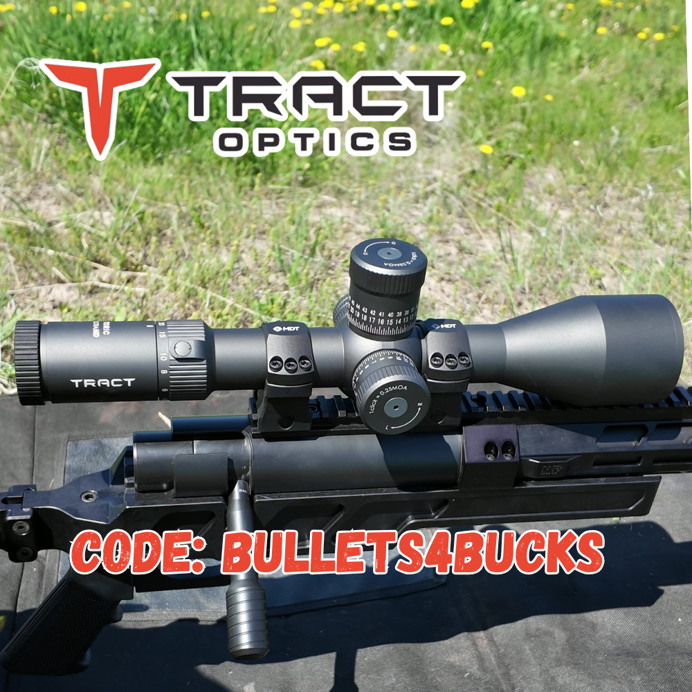 A tactical rifle equipped with a Tract Optics scope, set against a grassy background, featuring promotional text for a discount code.