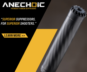 Anechoic suppressor featuring a sleek design with a textured surface, promoting superior performance for shooters.