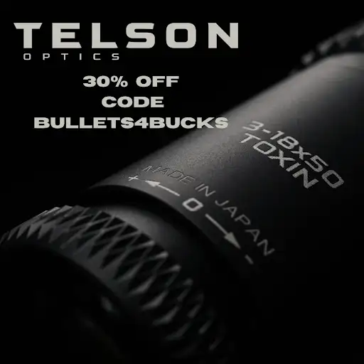 Close-up of a Telson Optics rifle scope showing specifications and promo details.